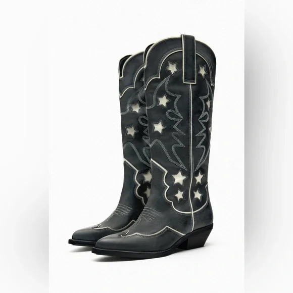 Zara cowboy boots leather western star southwestern cowgirl - Picture 2 of 12